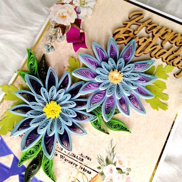 Sparkling Blue Quilled Flowers Birthday card