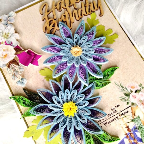 Sparkling Blue Quilled Flowers Birthday card