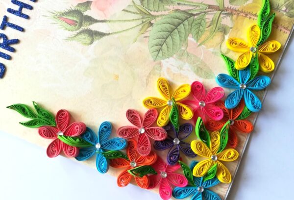 Multicolor Flowers in Corner Birthday Greeting Card image