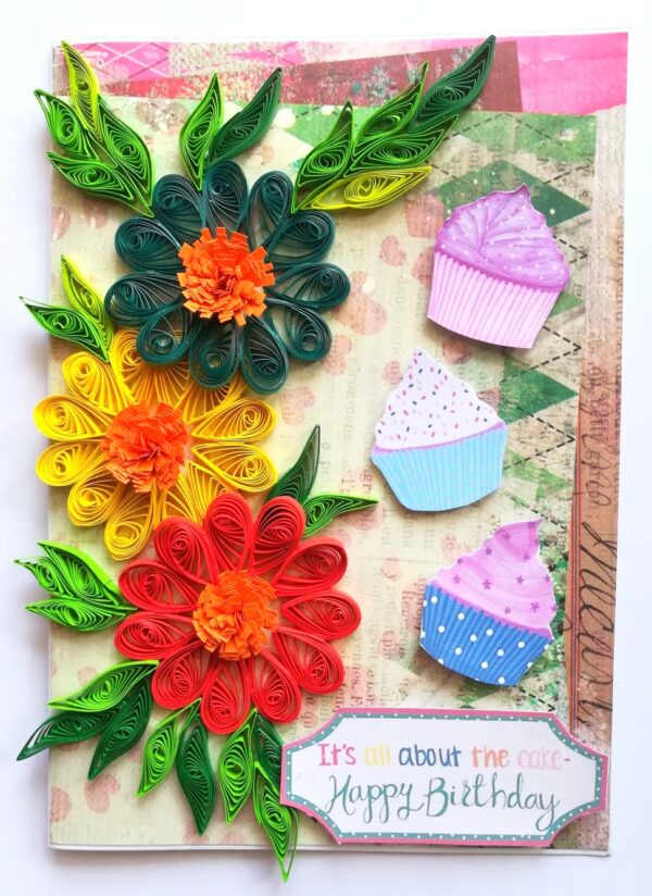 Multicolor Flowers Quilled Birthday Greeting Card image