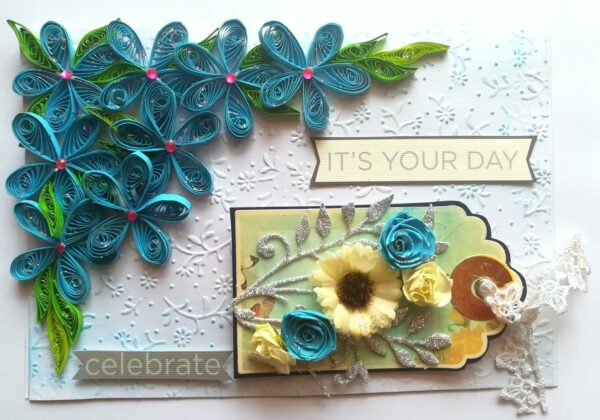 Blue Quilled Corner Flowers Birthday Greeting card image