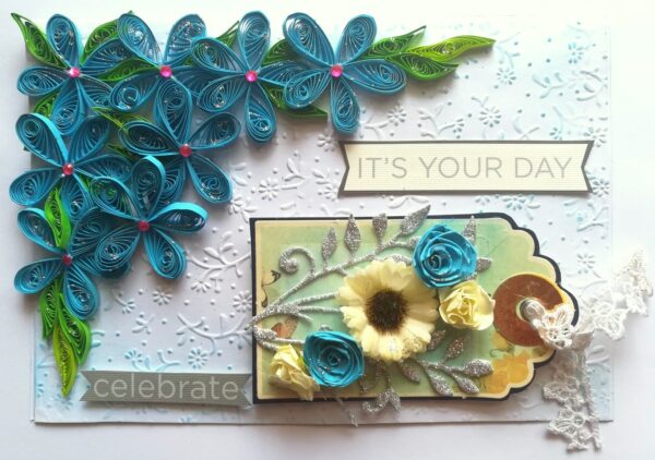 Blue Quilled Corner Flowers Birthday Greeting card image