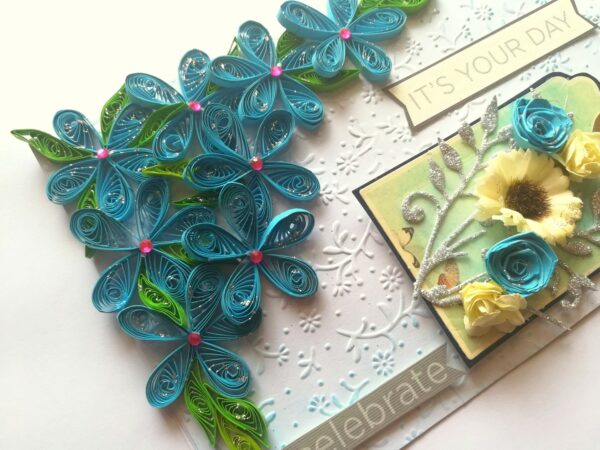 Blue Quilled Corner Flowers Birthday Greeting card image