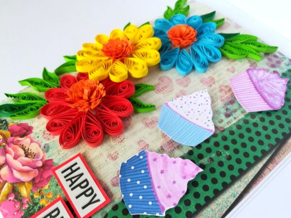 Multicolor Flowers Quilled Birthday Greeting Card image