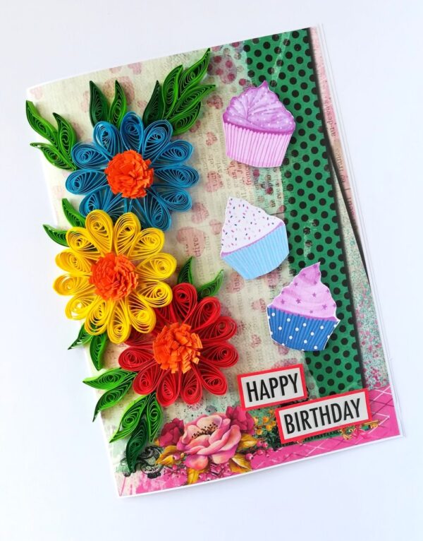 Multicolor Flowers Quilled Birthday Greeting Card image
