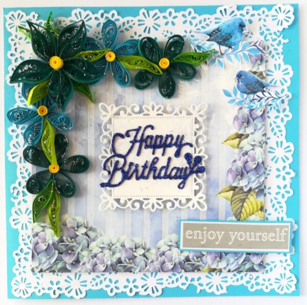 Blue Quilled Corner Flowers Birthday Greeting card image