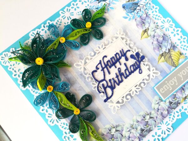 Blue Quilled Corner Flowers Birthday Greeting card image