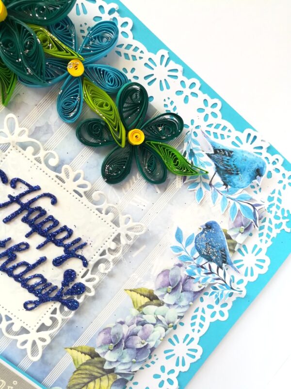 Blue Quilled Corner Flowers Birthday Greeting card image