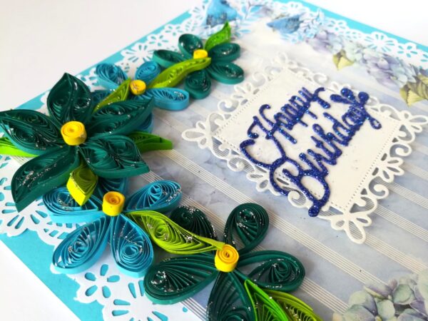 Blue Quilled Corner Flowers Birthday Greeting card image