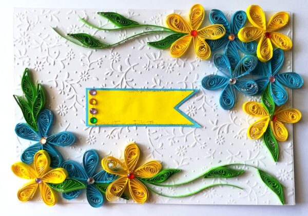 Blue and Yellow Quilled Corner Greeting Card image