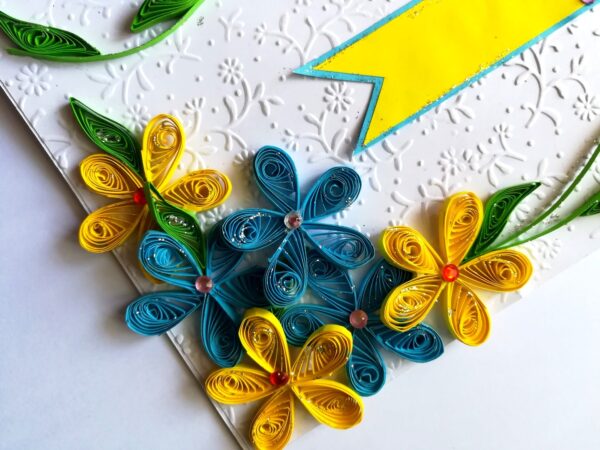 Blue and Yellow Quilled Corner Greeting Card image