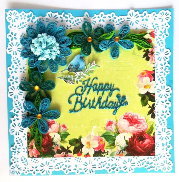 Blue Quilled Corner Flowers Birthday Greeting card image