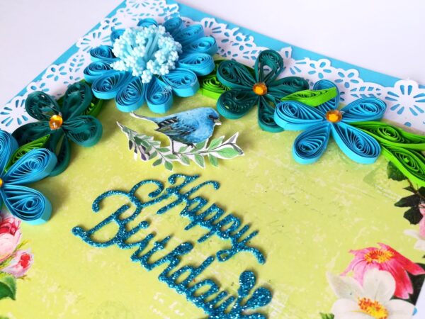 Blue Quilled Corner Flowers Birthday Greeting card image