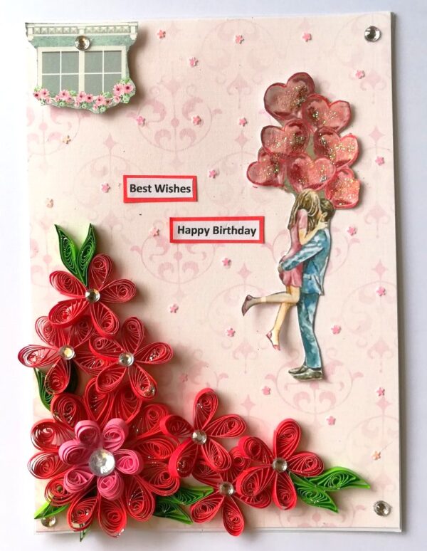 Red Quilled Flowers Birthday Greeting Card image