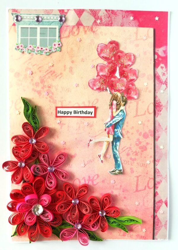 Red Quilled Flowers Birthday Greeting Card image