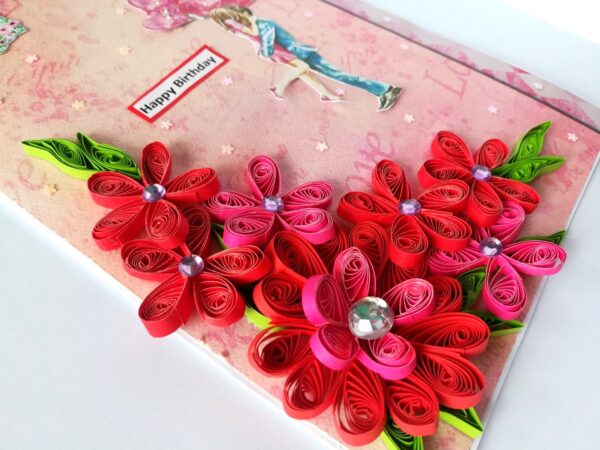 Red Quilled Flowers Birthday Greeting Card image