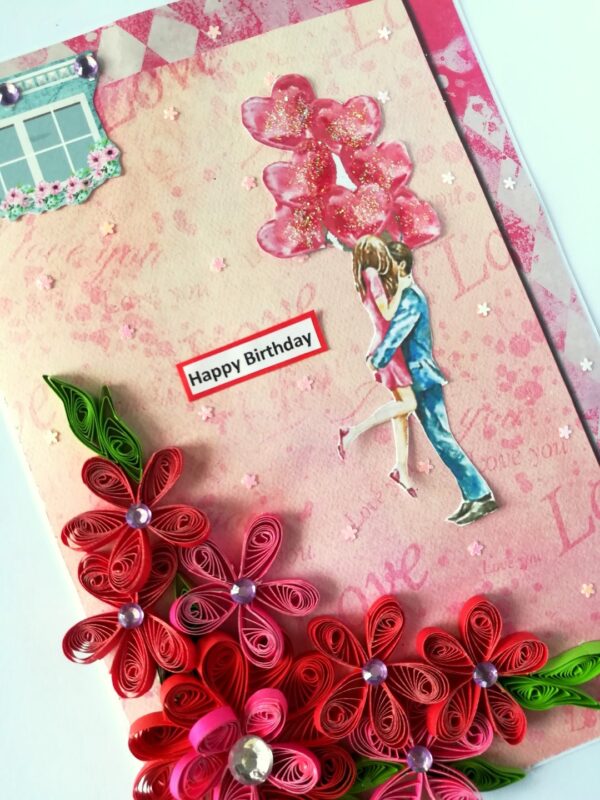 Red Quilled Flowers Birthday Greeting Card image