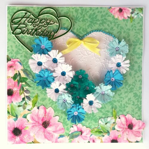 White and Blue Quilled Flowers in Heart Greeting Card image