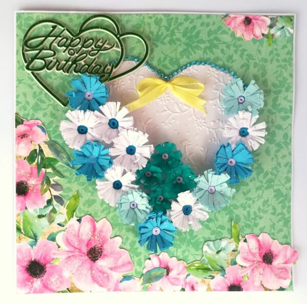 White and Blue Quilled Flowers in Heart Greeting Card image