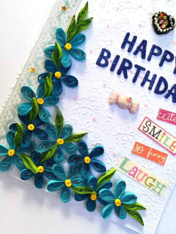 Blue Quilled Corner Flowers Birthday Greeting card image