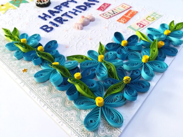 Blue Quilled Corner Flowers Birthday Greeting card image