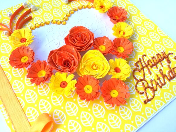 Yellow Themed Quilled Flowers in Heart Greeting Card image