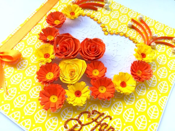 Yellow Themed Quilled Flowers in Heart Greeting Card image