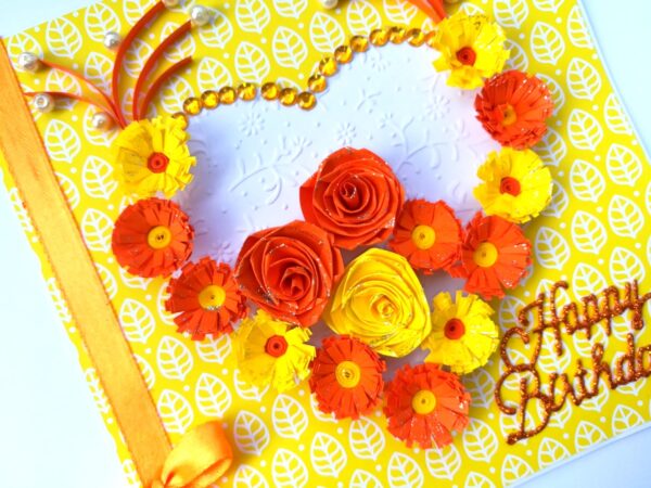 Yellow Themed Quilled Flowers in Heart Greeting Card image