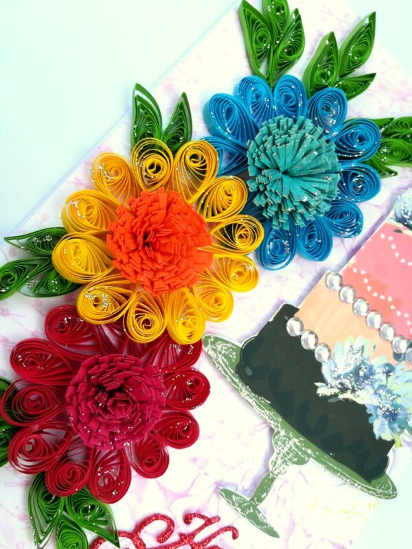 Multicolor Flowers Quilled Birthday Greeting Card -D1 image Multicolor Flowers Quilled Birthday Greeting Card -D1 image