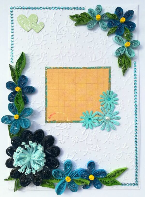 Blue Quilled Corner Flowers Greeting card - D1 image