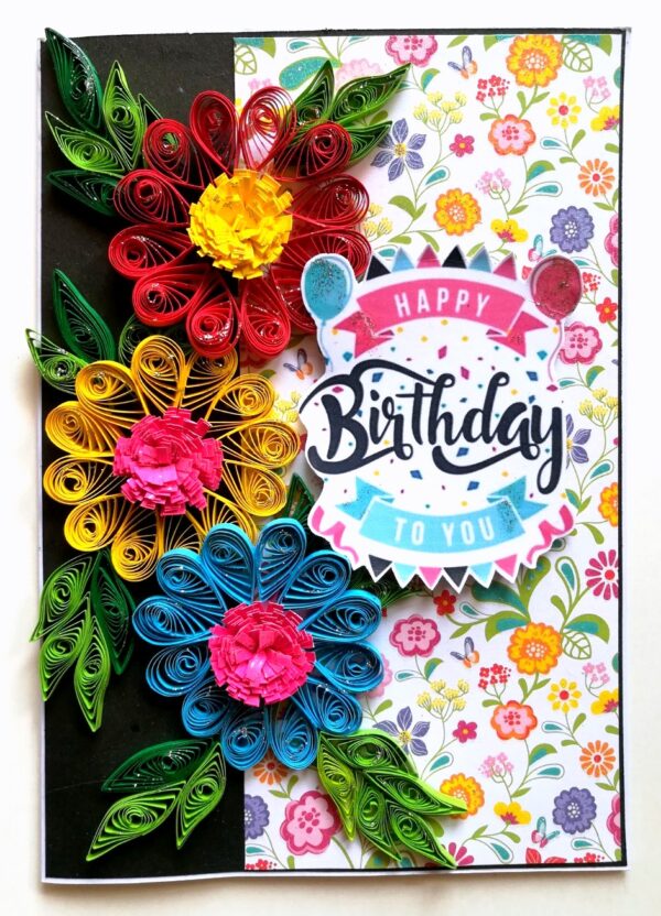 Quilled Flowers Happy Birthday Greeting Card -D1 image