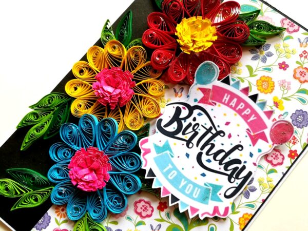 Quilled Flowers Happy Birthday Greeting Card -D1 image