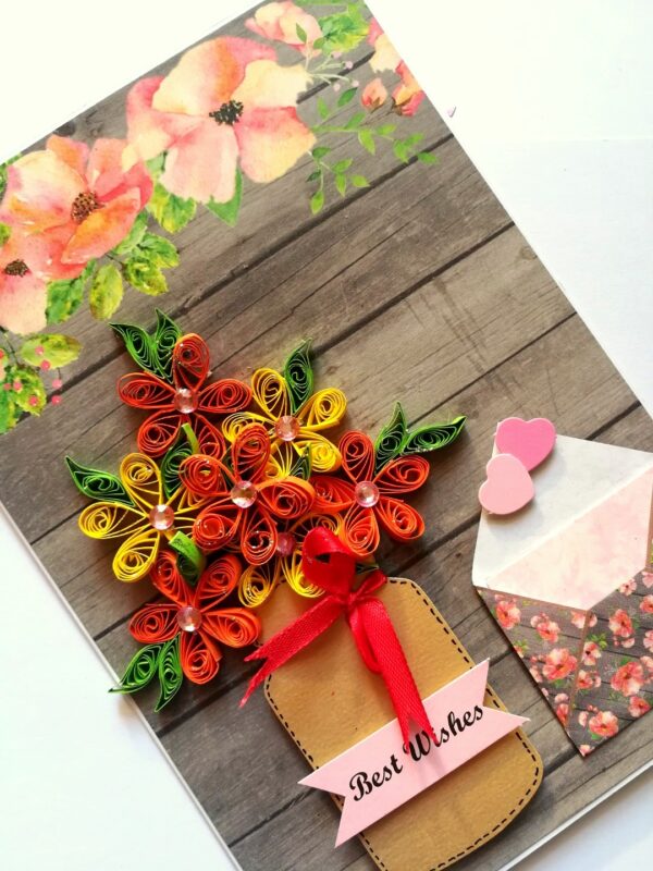 Yellow Quilled Flowers in Vase Greeting Card -D1 image