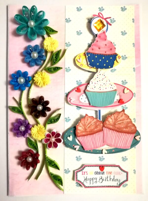 Sparkling Quilled Flowers and Cupcake Birthday Card image