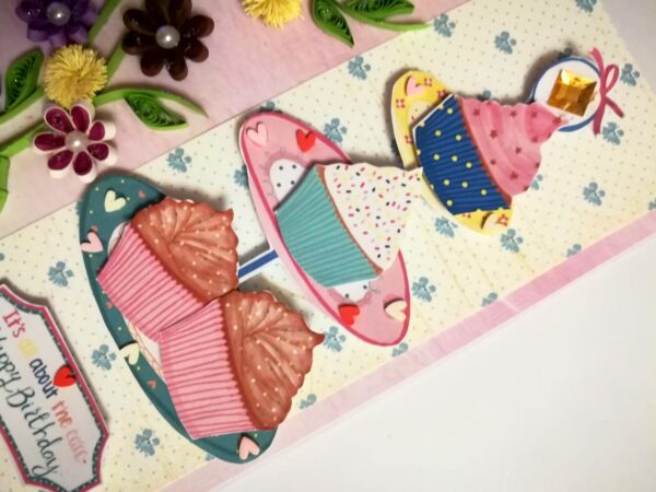 Sparkling Quilled Flowers and Cupcake Birthday Card image
