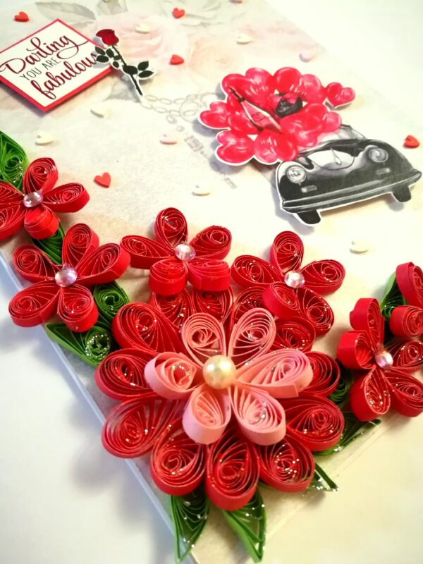 Red Quilled Flowers Valentine Greeting Card -D1 image