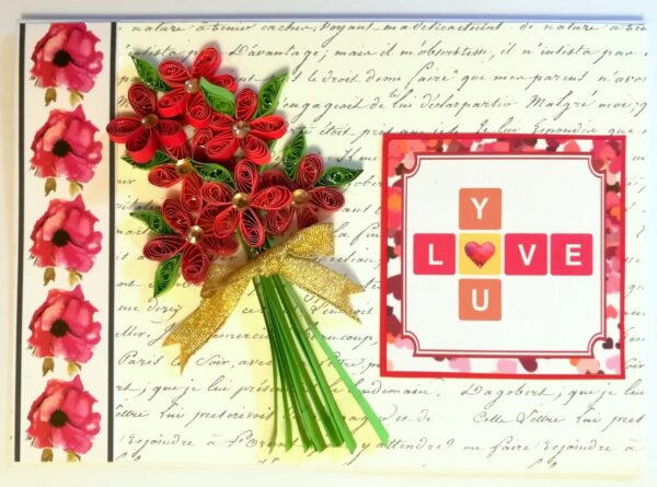 Red Quilled Flower Bouquet Greeting Card - D1 image Red Quilled Flower Bouquet Greeting Card - D1 image