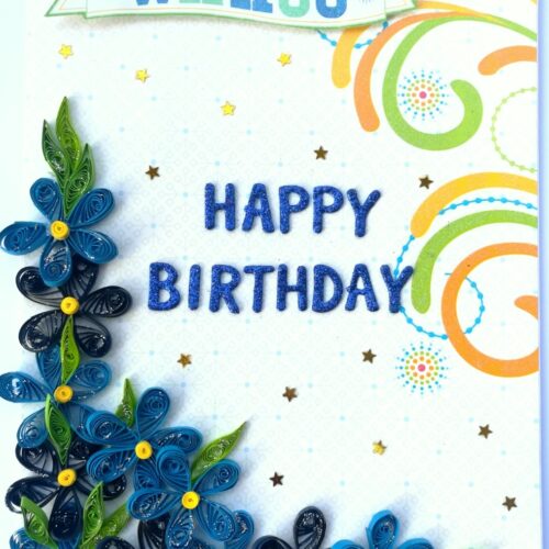 Blue Quilled Corner Flowers Birthday Greeting card -B1 image