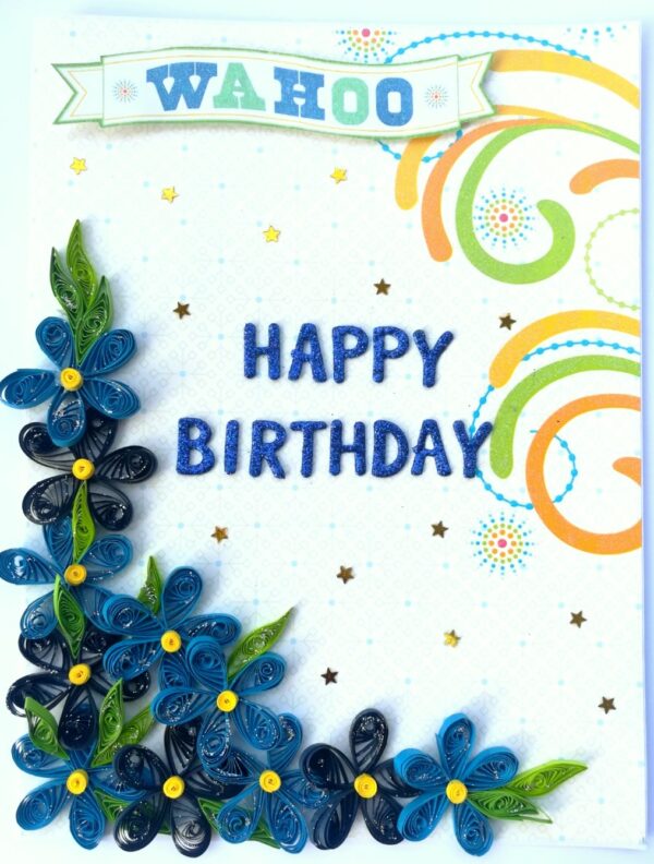Blue Quilled Corner Flowers Birthday Greeting card -B1 image