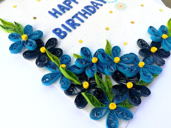 Blue Quilled Corner Flowers Birthday Greeting card -B1 image