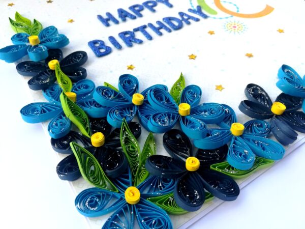 Blue Quilled Corner Flowers Birthday Greeting card -B1 image