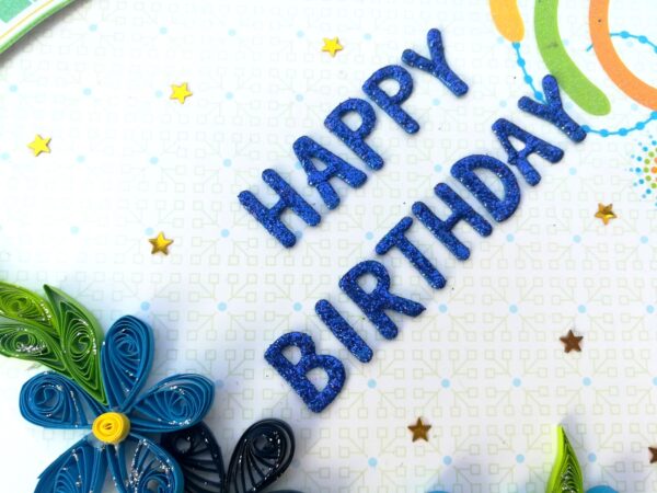Blue Quilled Corner Flowers Birthday Greeting card -B1 image