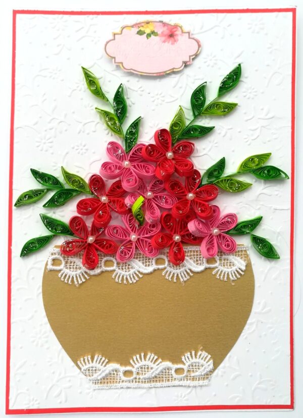 Red themed Quilled Flowers in Vase Greeting Card image Red themed Quilled Flowers in Vase Greeting Card image