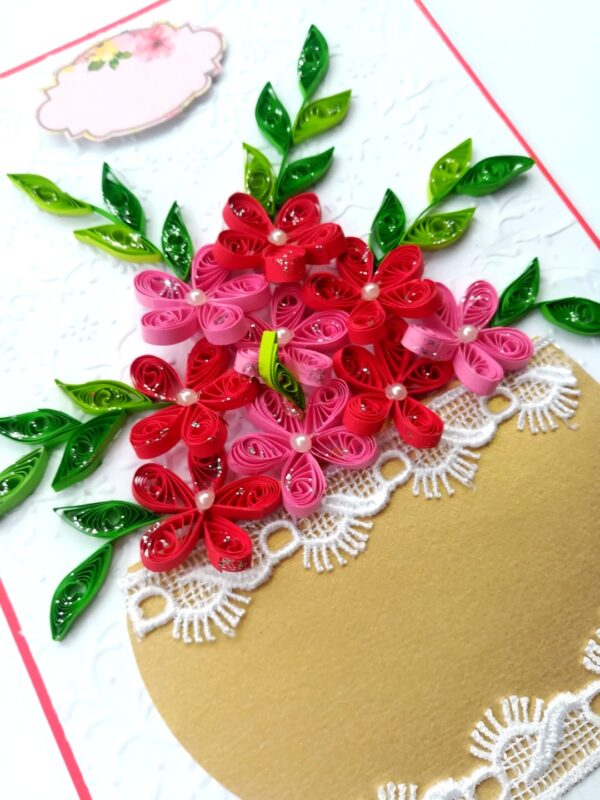 Red themed Quilled Flowers in Vase Greeting Card image Red themed Quilled Flowers in Vase Greeting Card image