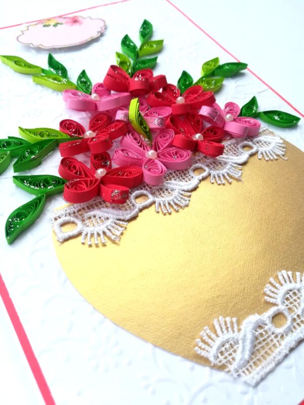 Red themed Quilled Flowers in Vase Greeting Card image Red themed Quilled Flowers in Vase Greeting Card image