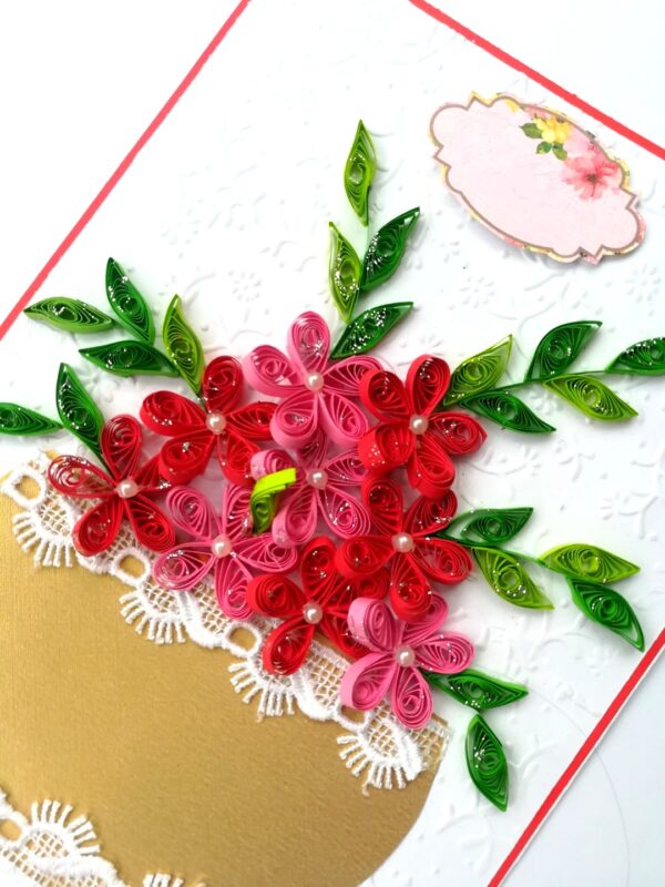 Red themed Quilled Flowers in Vase Greeting Card image Red themed Quilled Flowers in Vase Greeting Card image