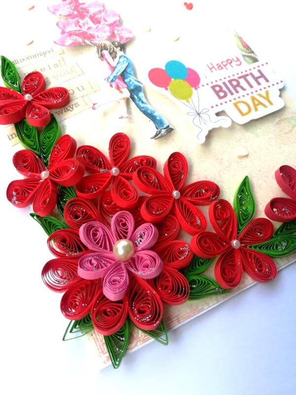 Red Quilled Flowers Birthday Greeting Card - D4 image