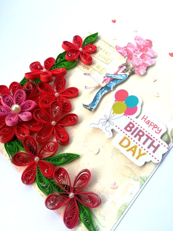 Red Quilled Flowers Birthday Greeting Card - D4 image