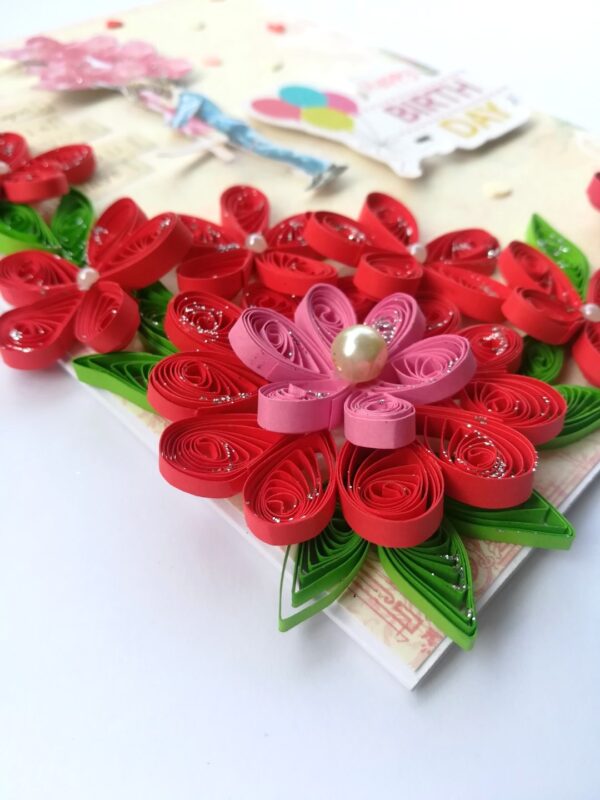Red Quilled Flowers Birthday Greeting Card - D4 image