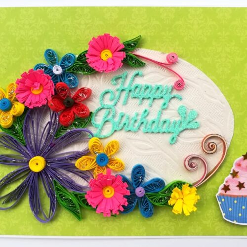 Green Quilled Themed Flowers Birthday Greeting card image